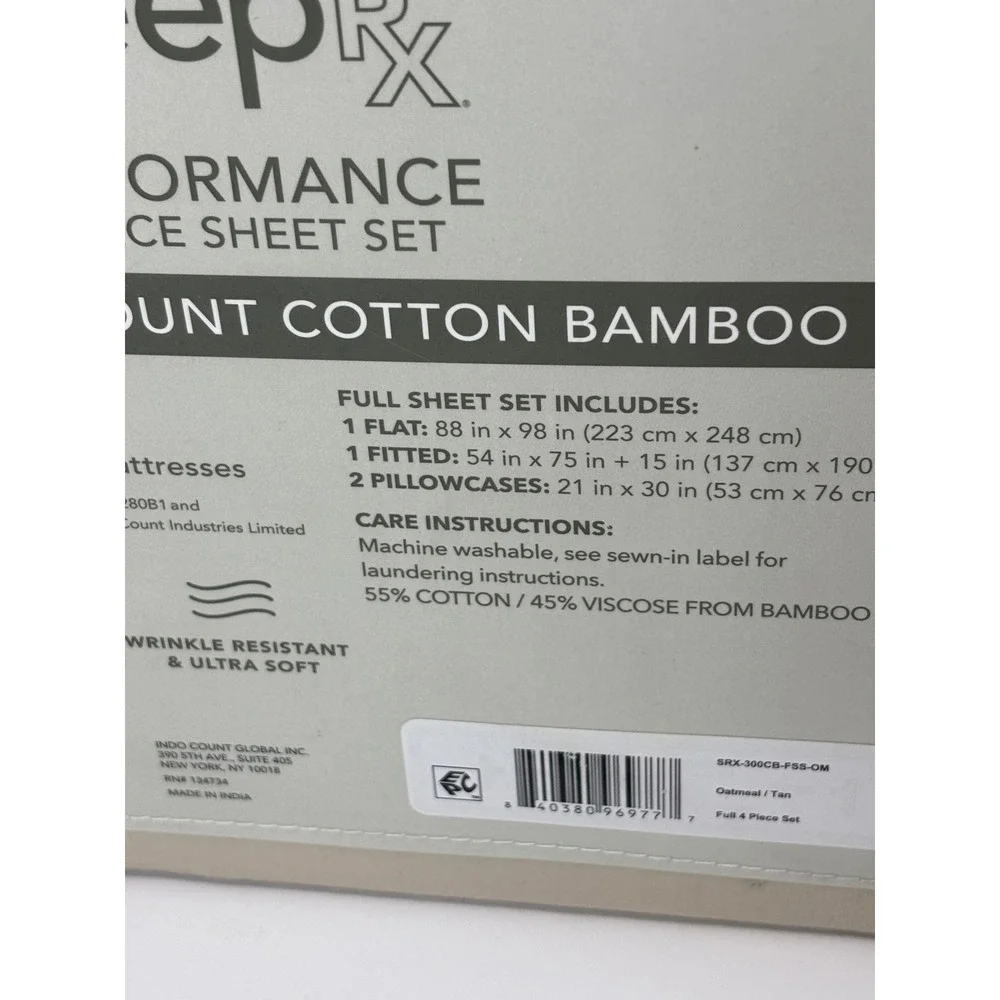 SleepRx Performance 4 Piece Sheet Set Oatmeal Tan Cotton Bamboo Full Set